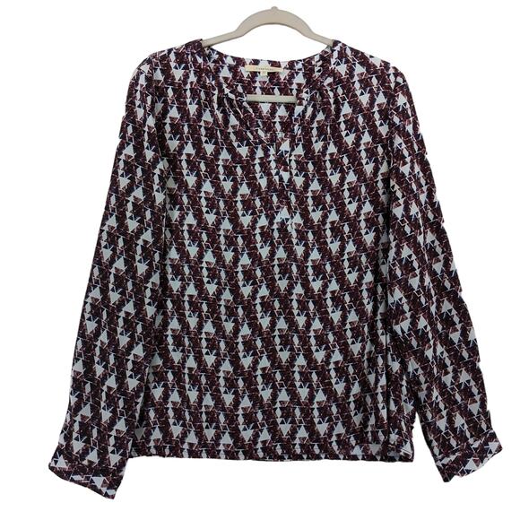 41 Hawthorn Geometric Blouse M Red VNeck Roll Tab Long Sleeves Office Top Career - Picture 1 of 9